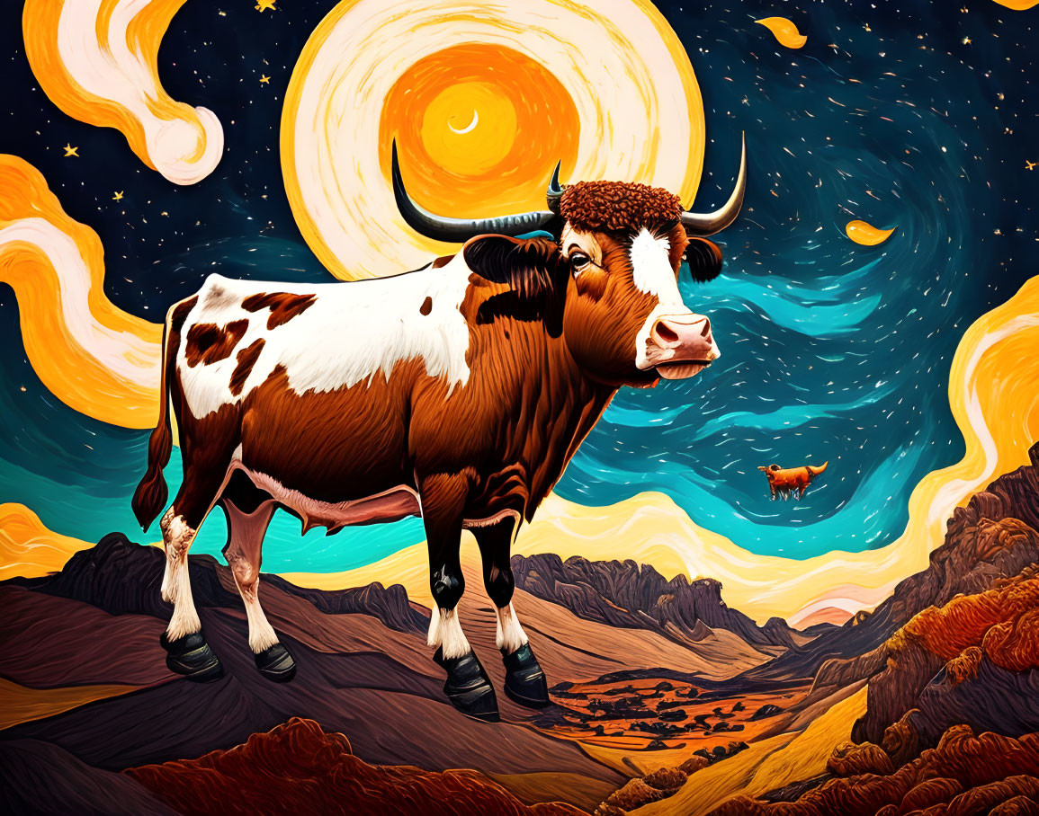 Cow on hilly terrain with stylized sun and surreal sky