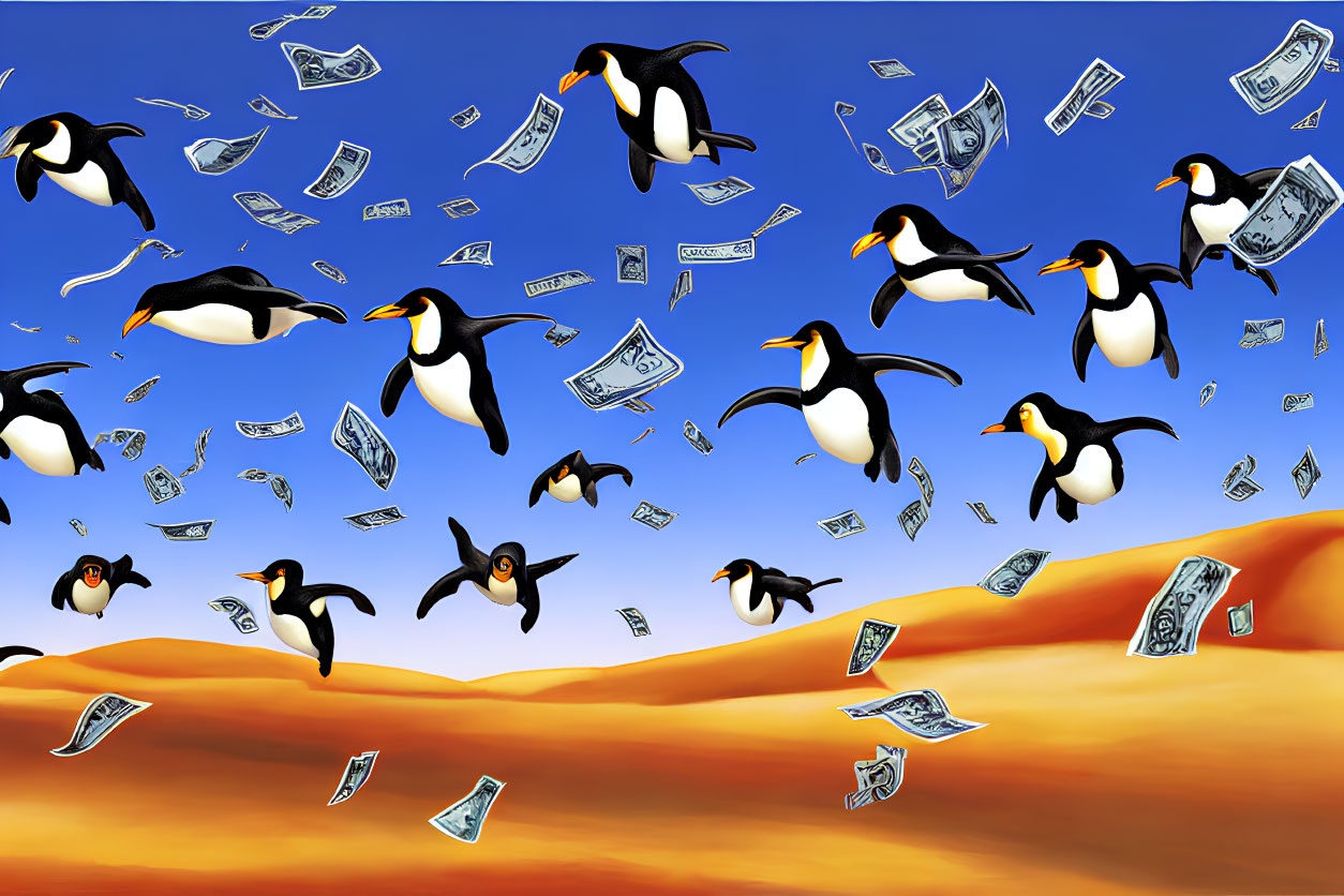 Joyful animated penguins on sandy dunes with fluttering dollar bills
