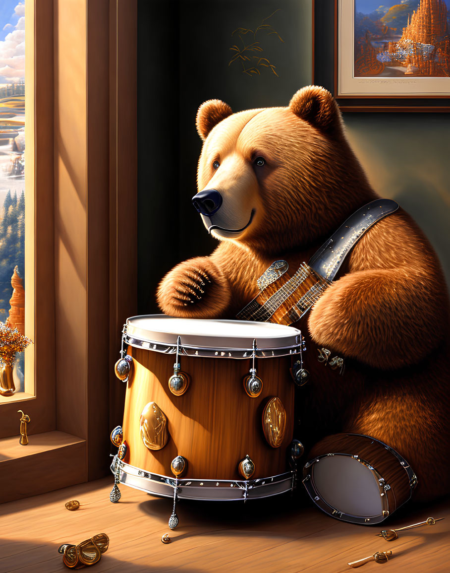 Anthropomorphic bear in vest plays drum by autumn landscape window