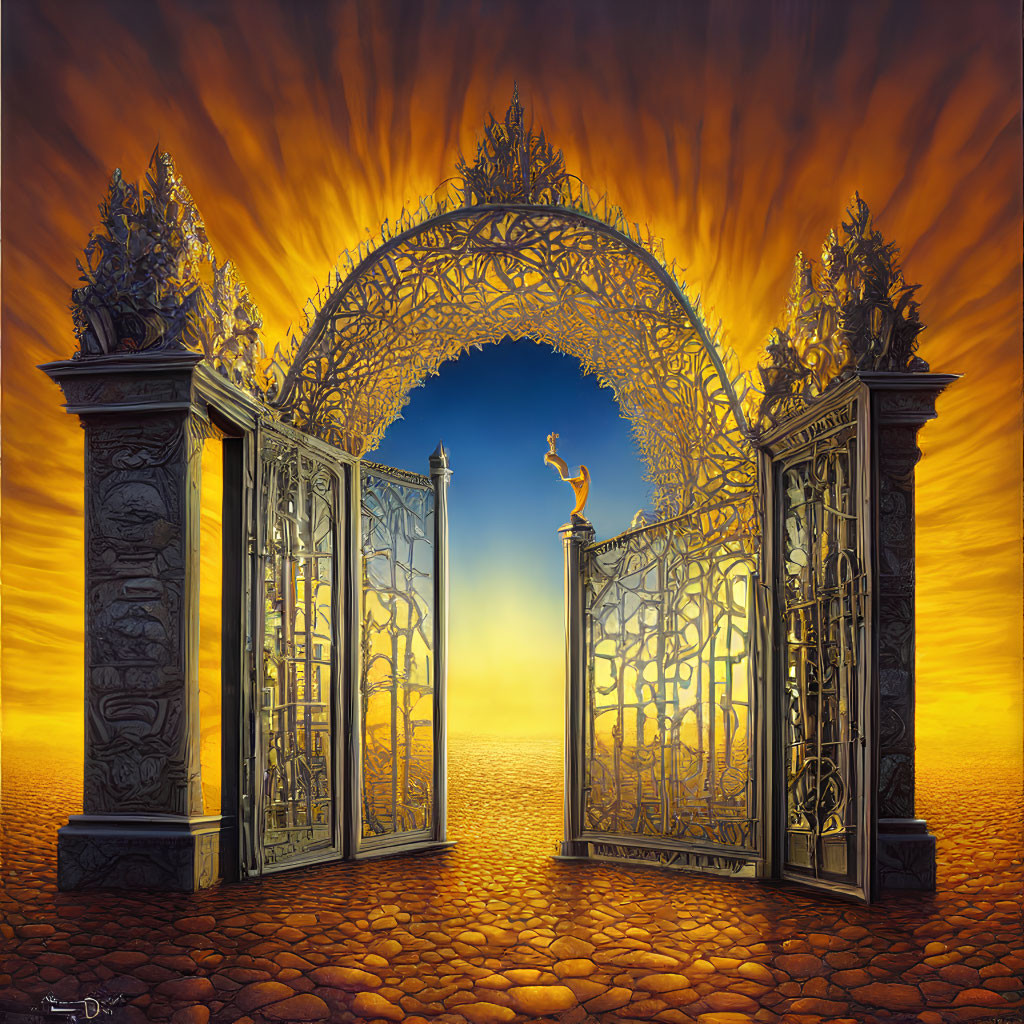 Ornate open gates framing a silhouetted figure under an orange sky
