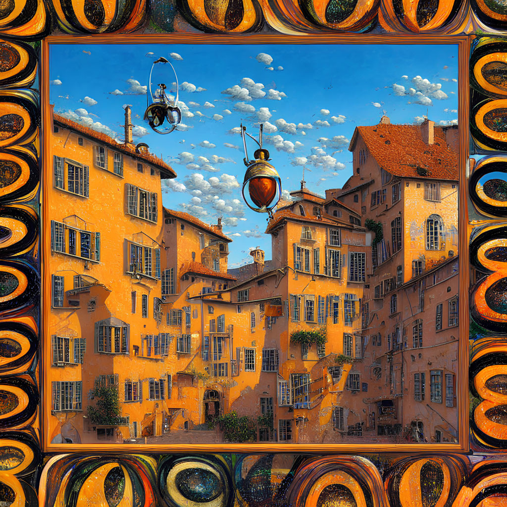 Surreal framed artwork: Orange buildings, whimsical windows, floating objects in blue sky