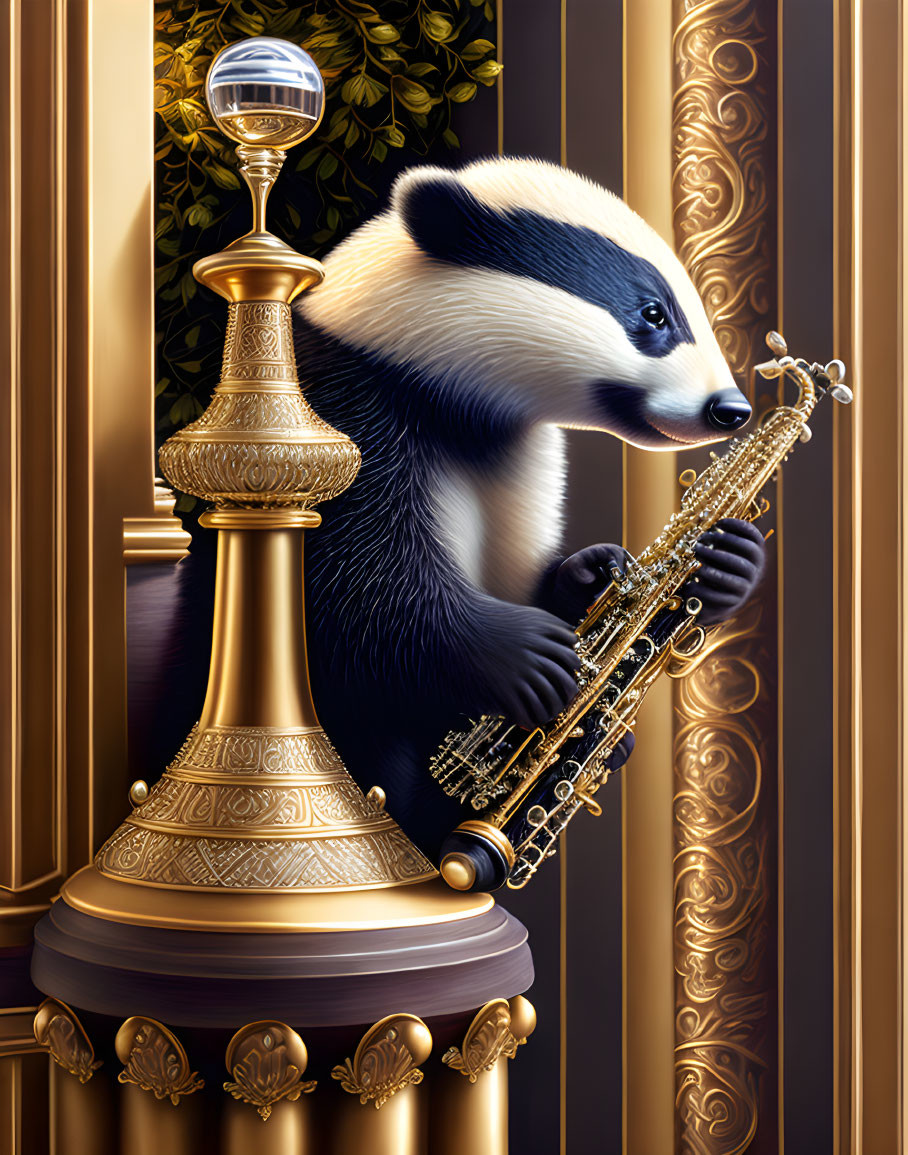 Elegantly dressed badger playing saxophone by pillar with glass sphere