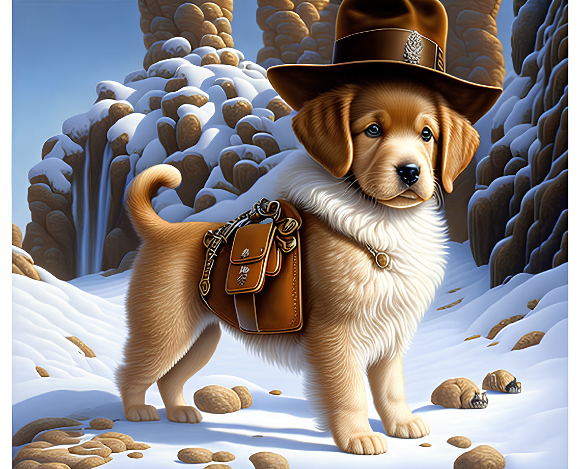 Brown puppy with satchel and hat in snowy landscape with pine trees
