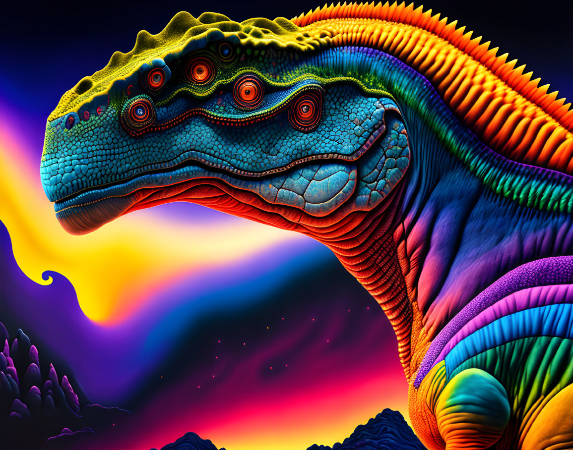 Colorful Dinosaur Illustration on Psychedelic Background
