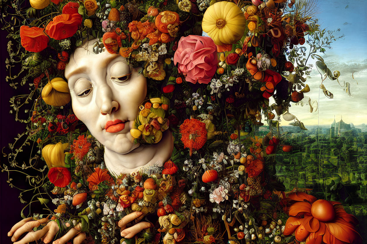 Surreal portrait with figure obscured by flowers and fruits