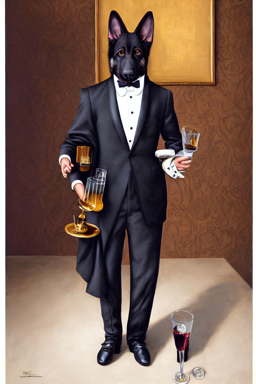 Anthropomorphic dog in tuxedo with champagne tray
