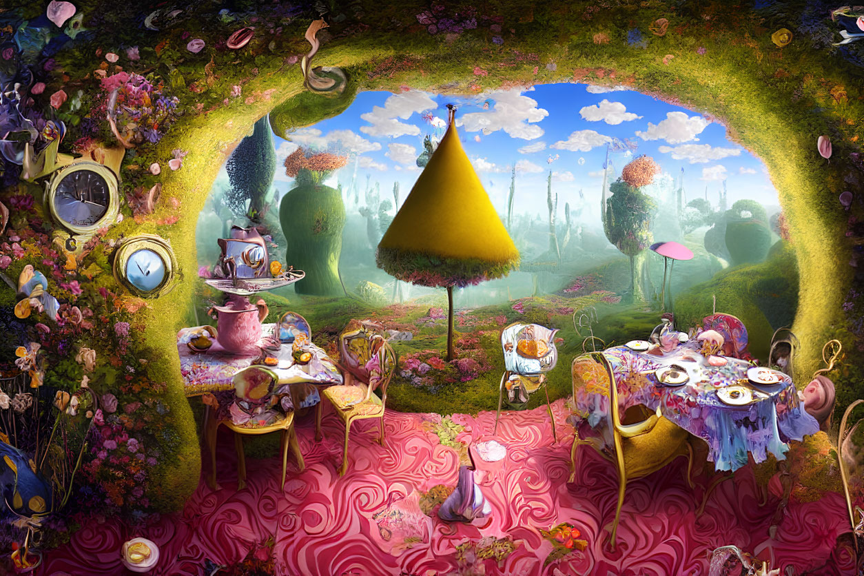 Colorful Alice in Wonderland tea party in lush garden with oversized flowers, teapots, and tree