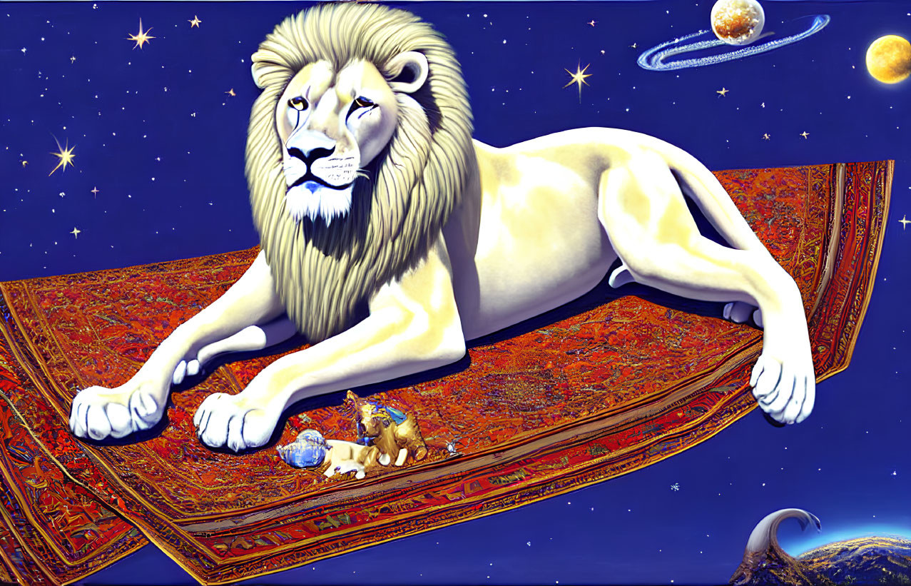 Majestic lion on flying carpet in space with stars and planets