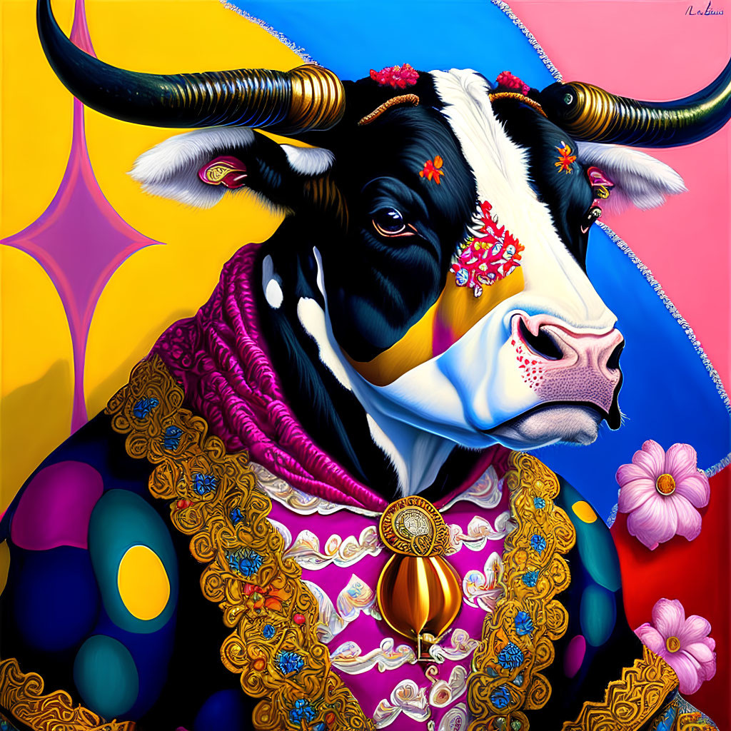 Colorful Cow Illustration with Flowers and Jewelry on Geometric Background