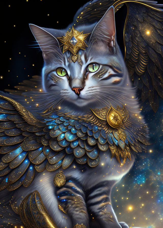 Majestic cat with golden wings and celestial jewelry on starry backdrop
