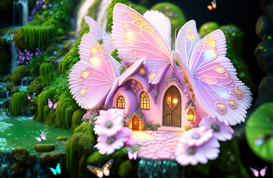 Enchanting fairy-tale house with butterfly wings in magical forest