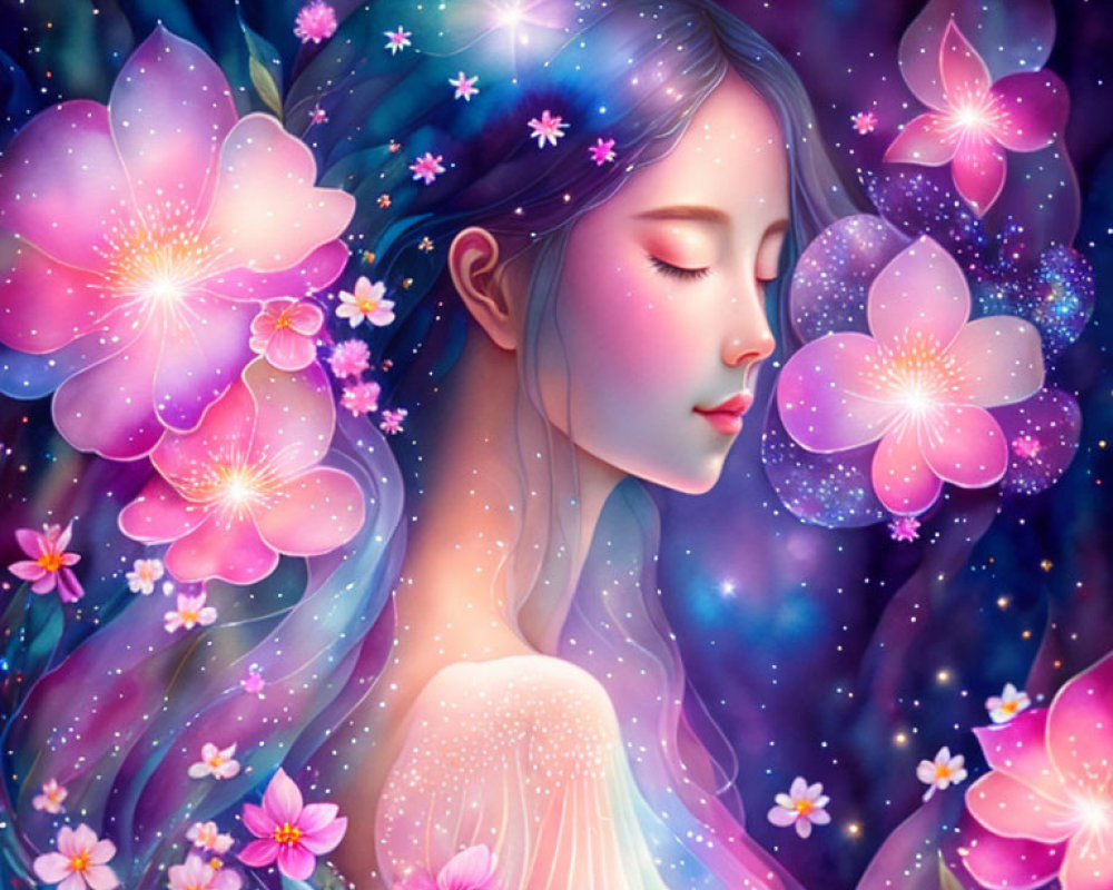 Serene woman with flower-adorned hair in fantastical flora setting