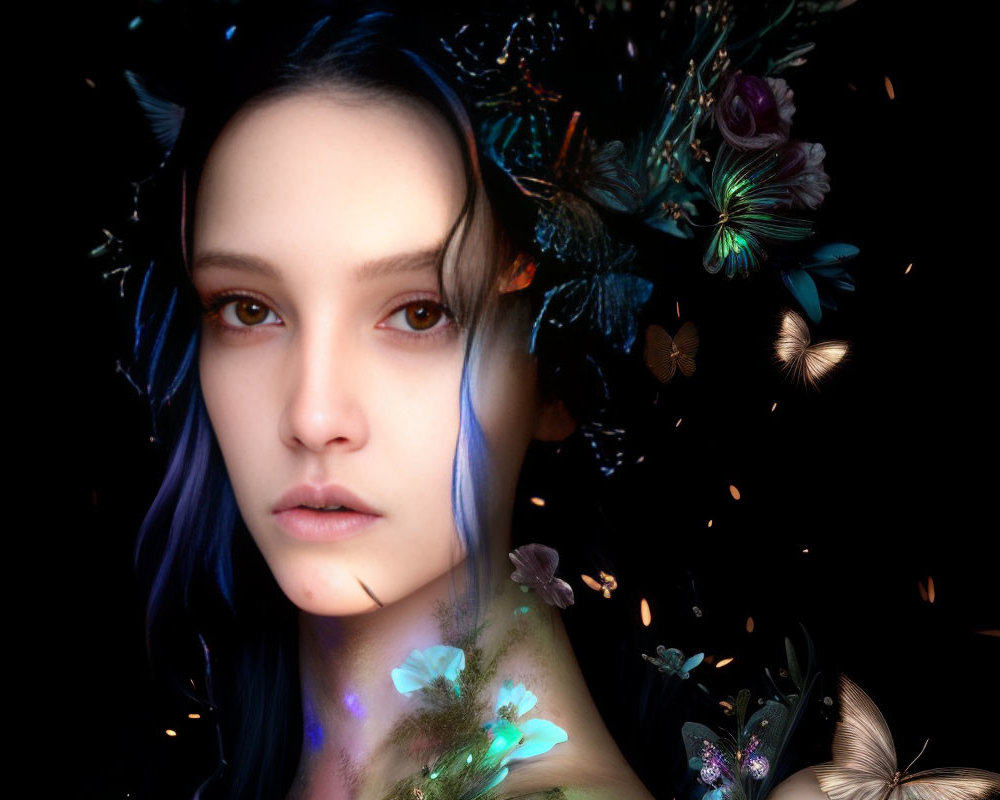 Portrait of a person with blue-tinted hair surrounded by butterflies and flowers on a dark backdrop