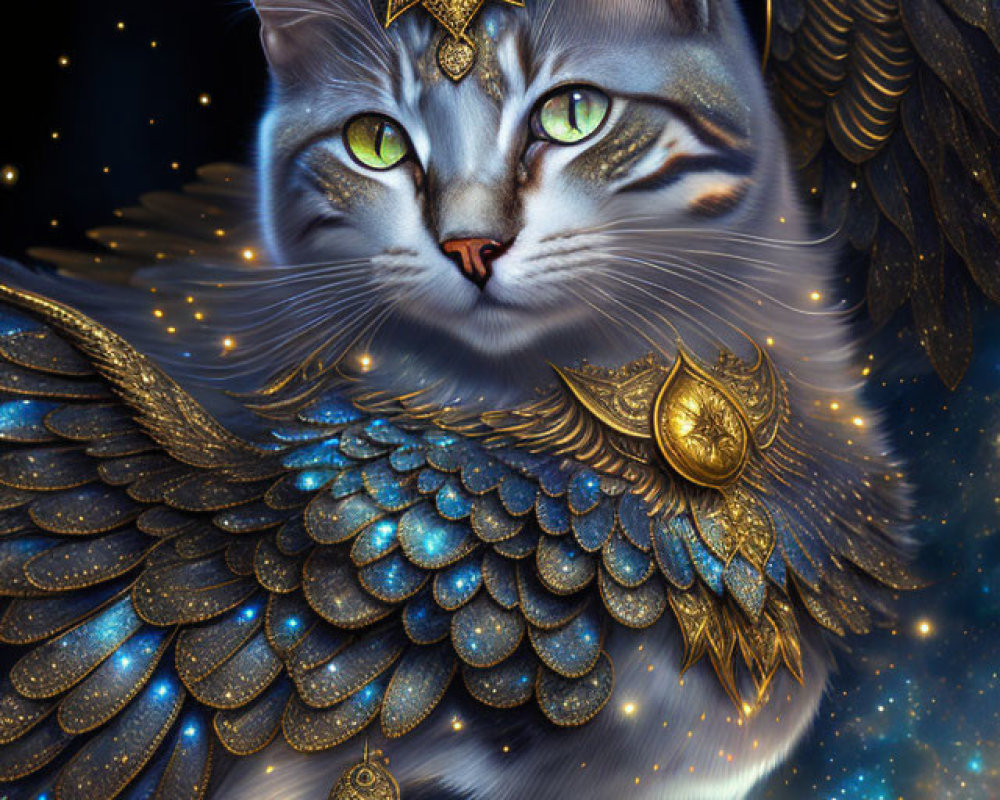 Majestic cat with golden wings and celestial jewelry on starry backdrop