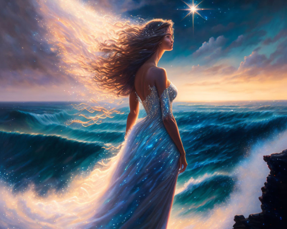 Woman in Sparkling Gown on Clifftop gazing at Starlit Sky