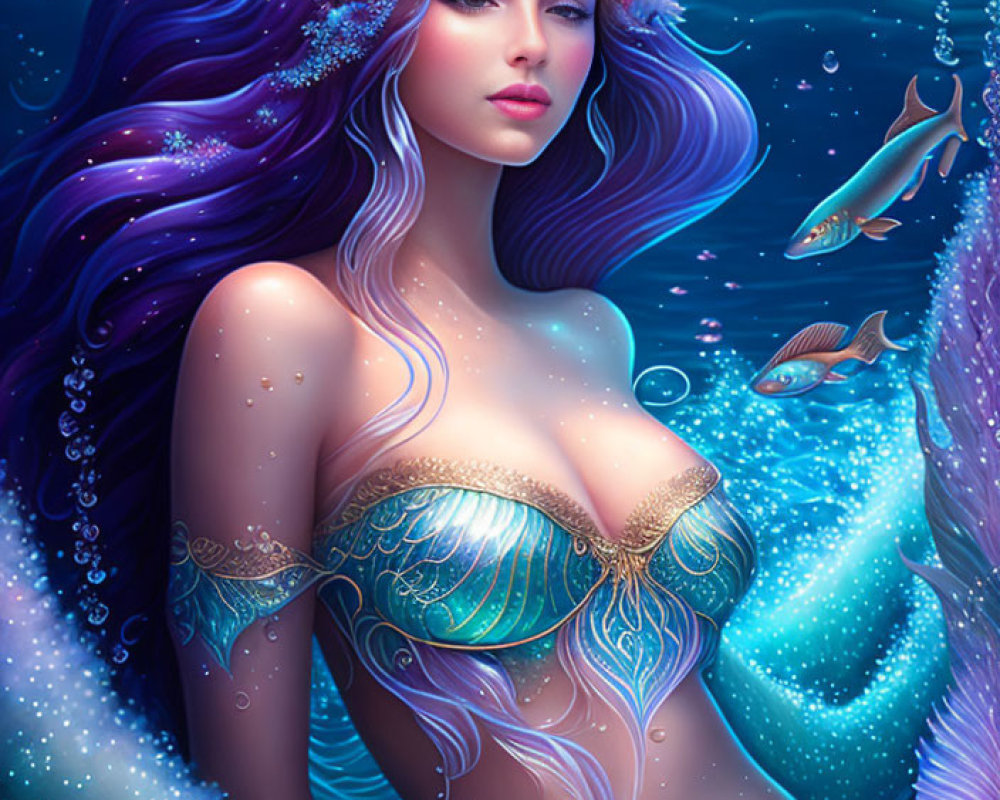 Mystical mermaid with purple hair and shell crown in underwater scene