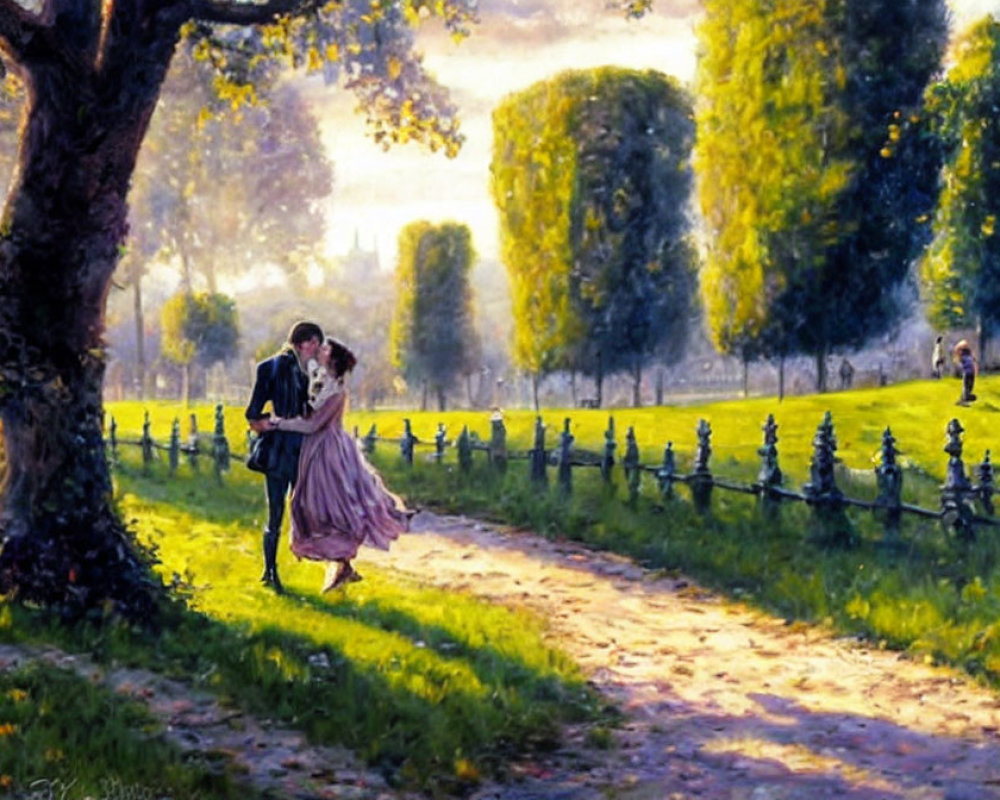 Couple Embracing in Lush Park with Sunlight and Green Trees