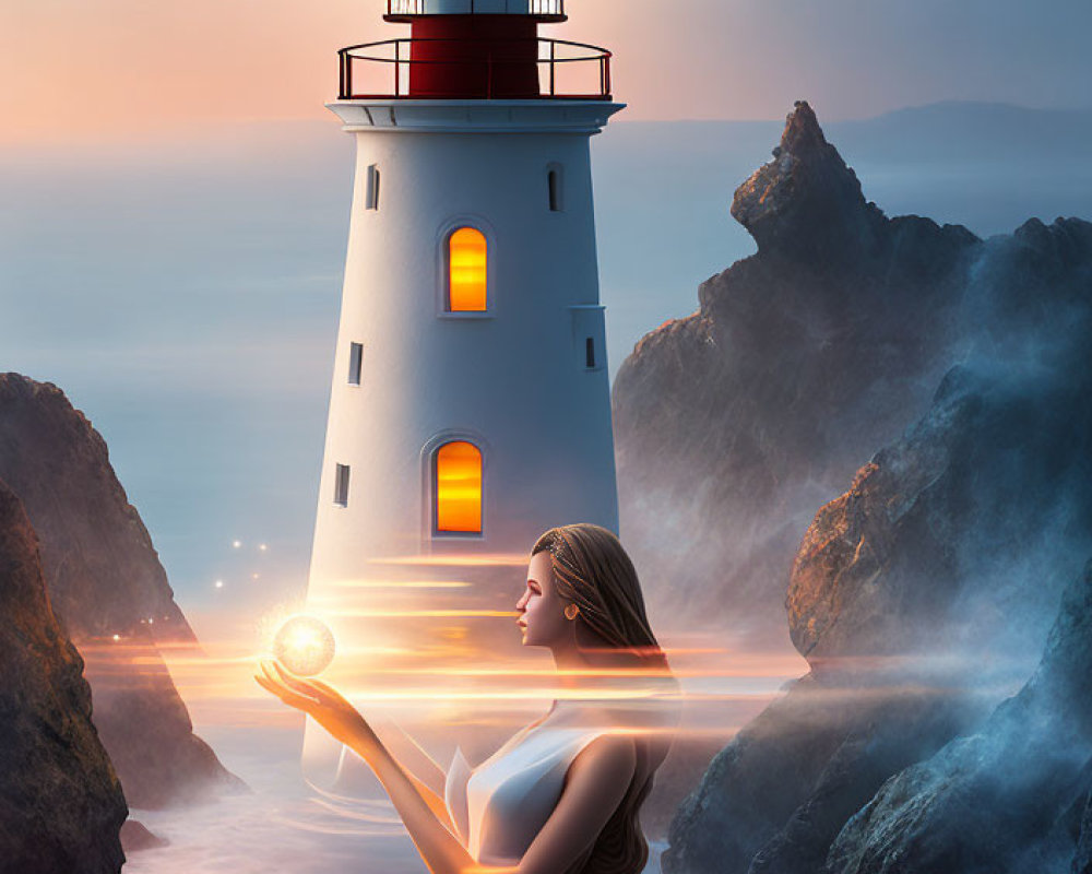 Woman in white dress with glowing orb by lighthouse at dusk