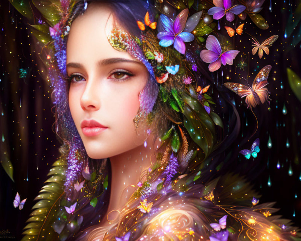 Fantastical portrait of a woman with butterflies and glowing elements
