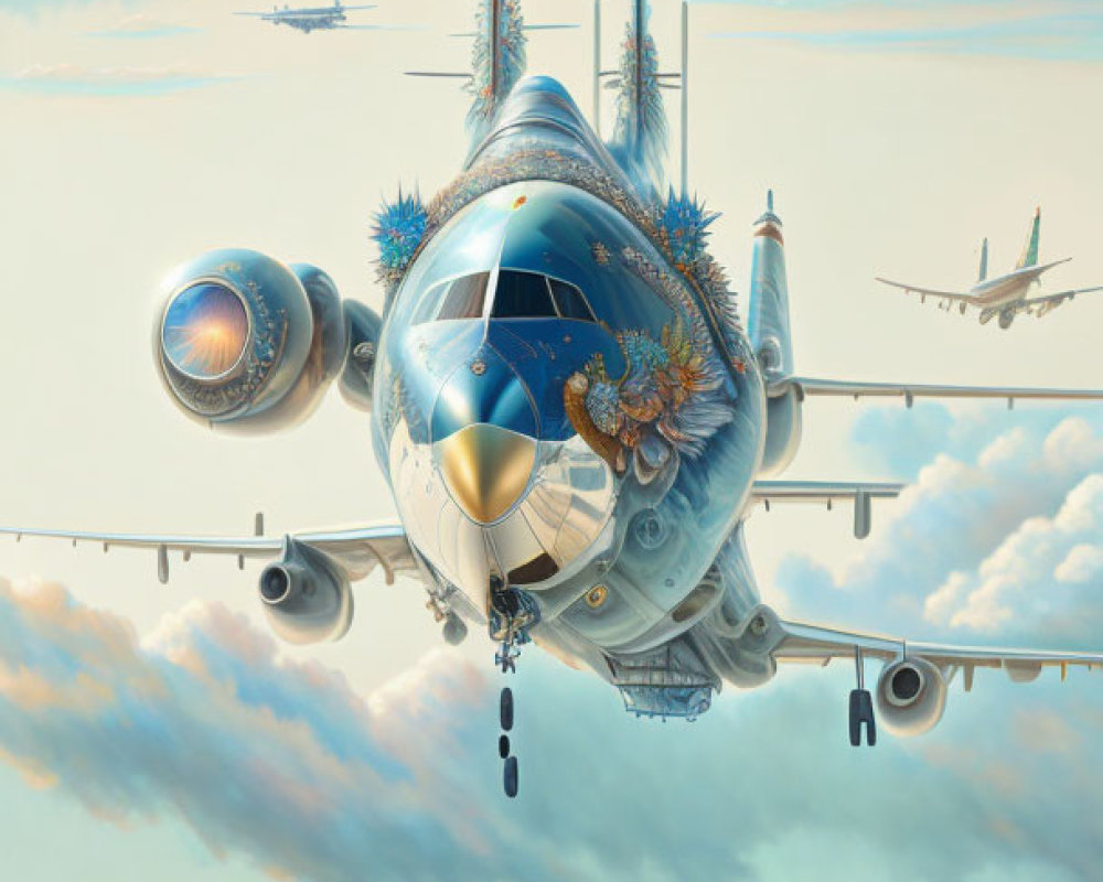 Ornately decorated fantasy airplane flying among clouds