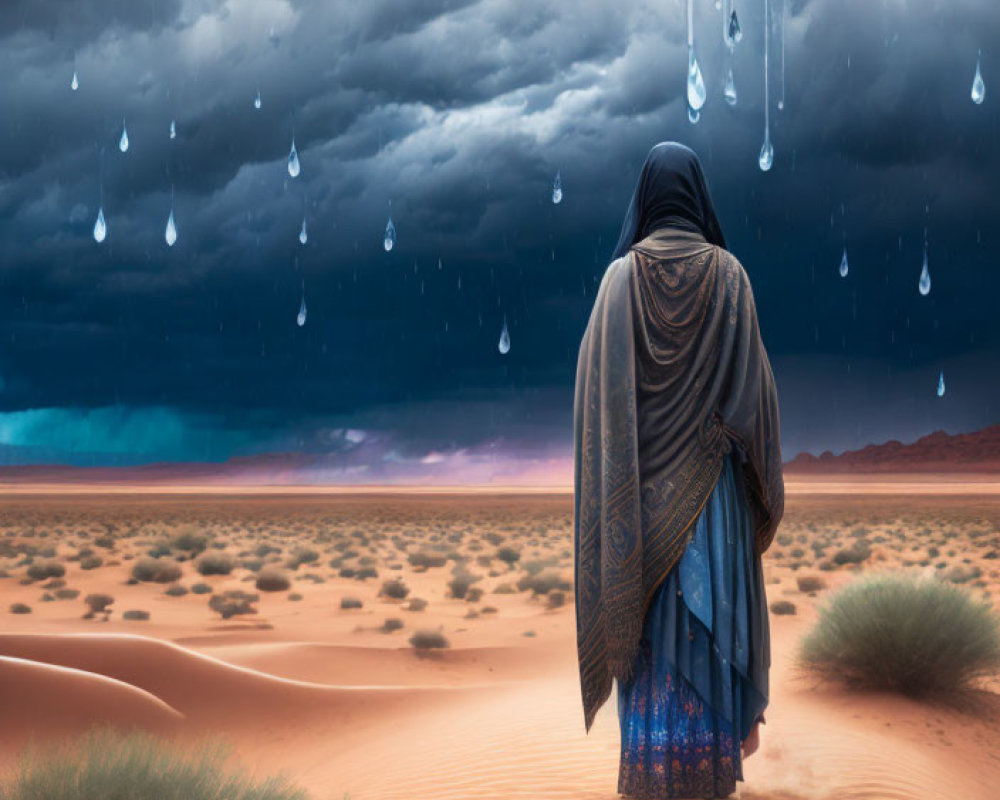 Cloaked figure in desert under stormy sky.