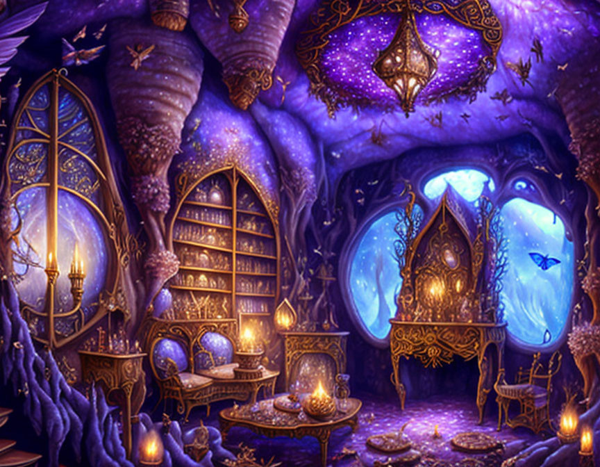 Mystical Purple Room with Elaborate Furniture and Glowing Orbs