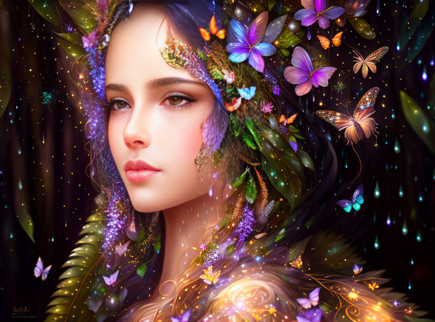Fantastical portrait of a woman with butterflies and glowing elements