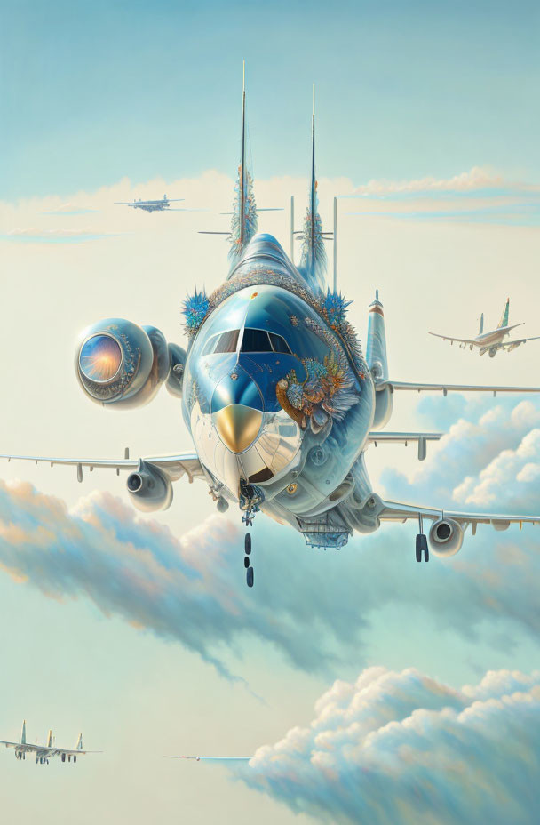 Ornately decorated fantasy airplane flying among clouds