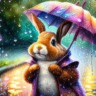 Illustration of brown rabbit with purple umbrella in rain