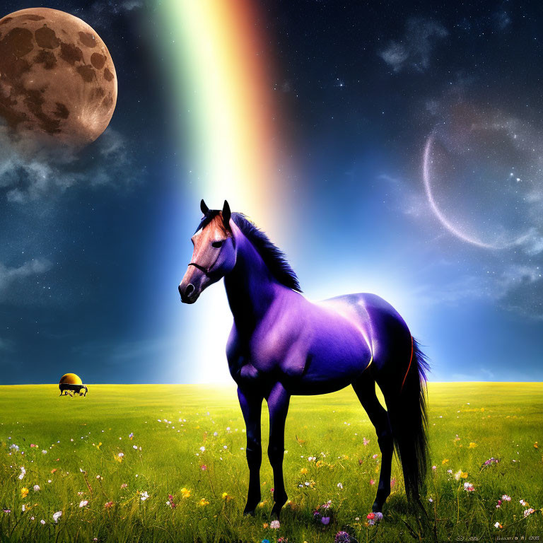 Horse in vibrant field with flowers under night sky, rainbow, moon, and stars