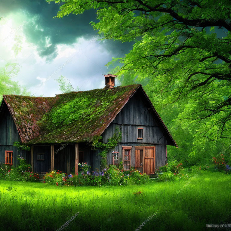 Scenic moss-covered cottage in lush green forest setting