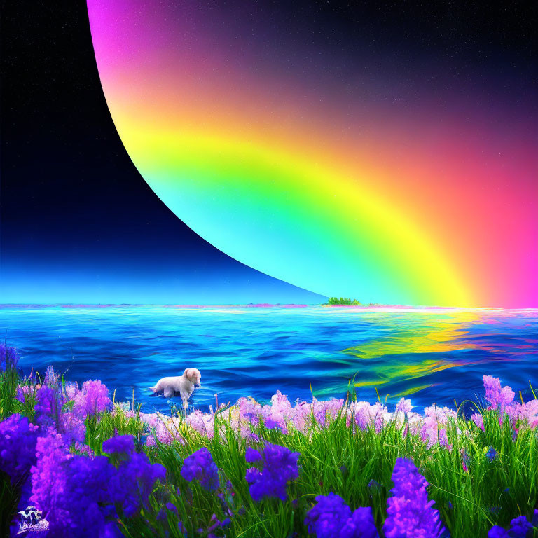Colorful artwork featuring crescent moon, rainbow, ocean, and mystical creature.