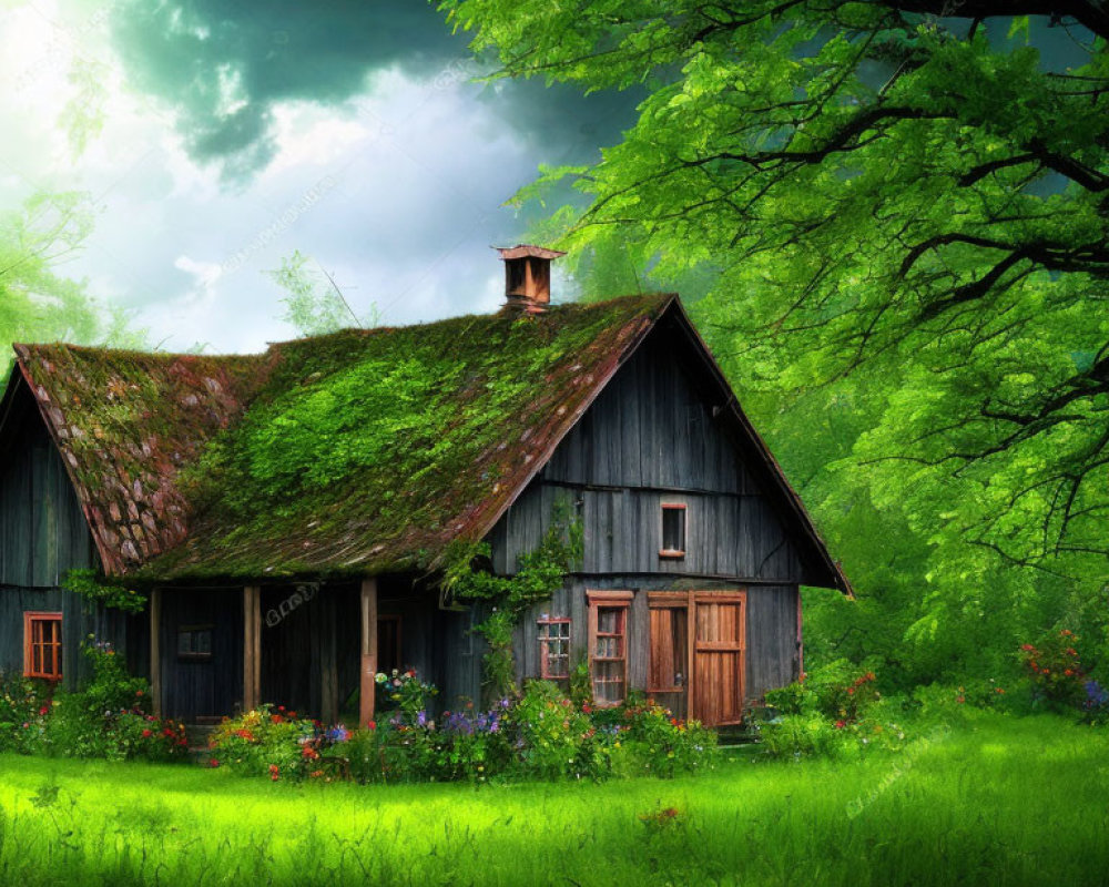 Scenic moss-covered cottage in lush green forest setting