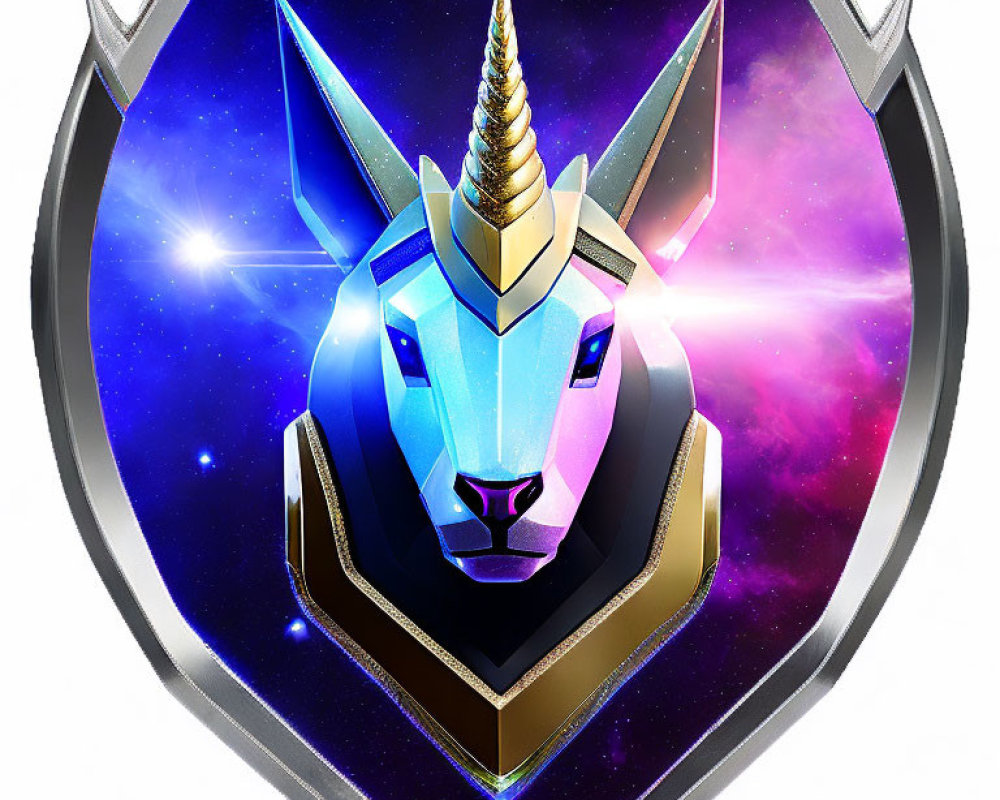 Stylized metallic unicorn head with golden horn on shield emblem in cosmic galaxy.