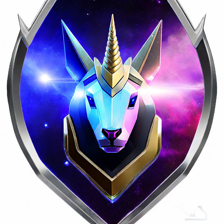 Stylized metallic unicorn head with golden horn on shield emblem in cosmic galaxy.