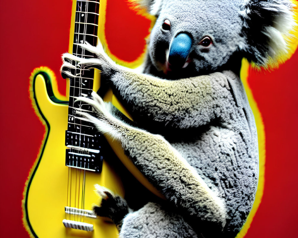 Koala holding yellow electric guitar on red background