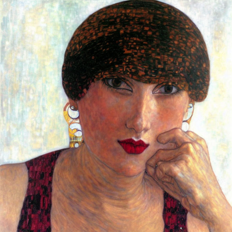 Portrait of woman in cloche hat with red lips and pointillist textures