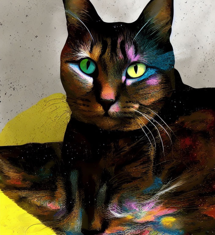 Vibrant multicolored cat with heterochromatic eyes on speckled backdrop