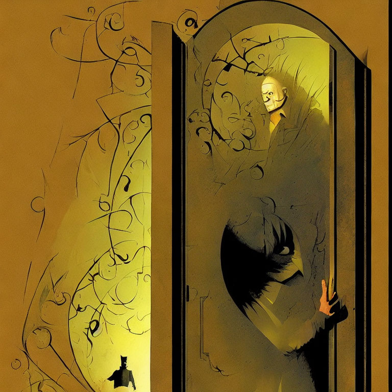 Shadowy figure opens door to reveal sinister man's face with swirling patterns and smaller character.