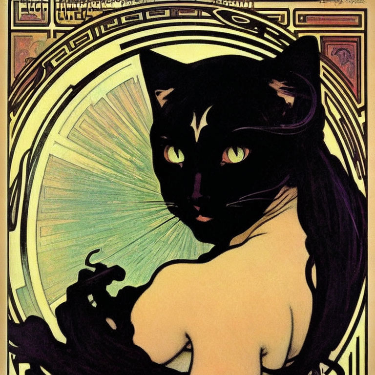 Art Nouveau Black Cat Illustration with Ornate Background