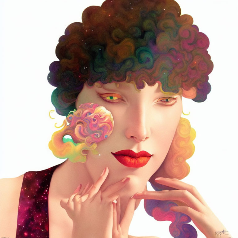 Colorful surreal portrait with cloud-like hair and galactic pattern.