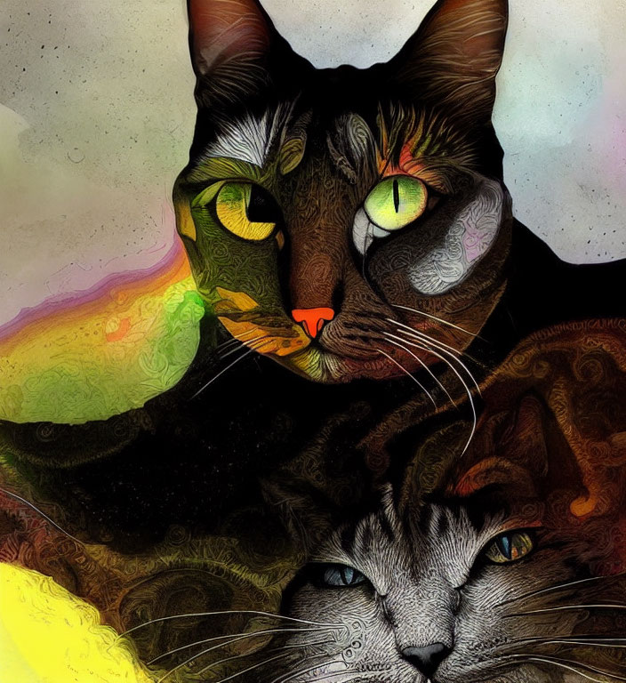 Vivid Digital Artwork: Two Cats with Intense Eyes