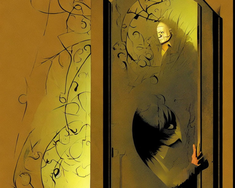 Shadowy figure opens door to reveal sinister man's face with swirling patterns and smaller character.