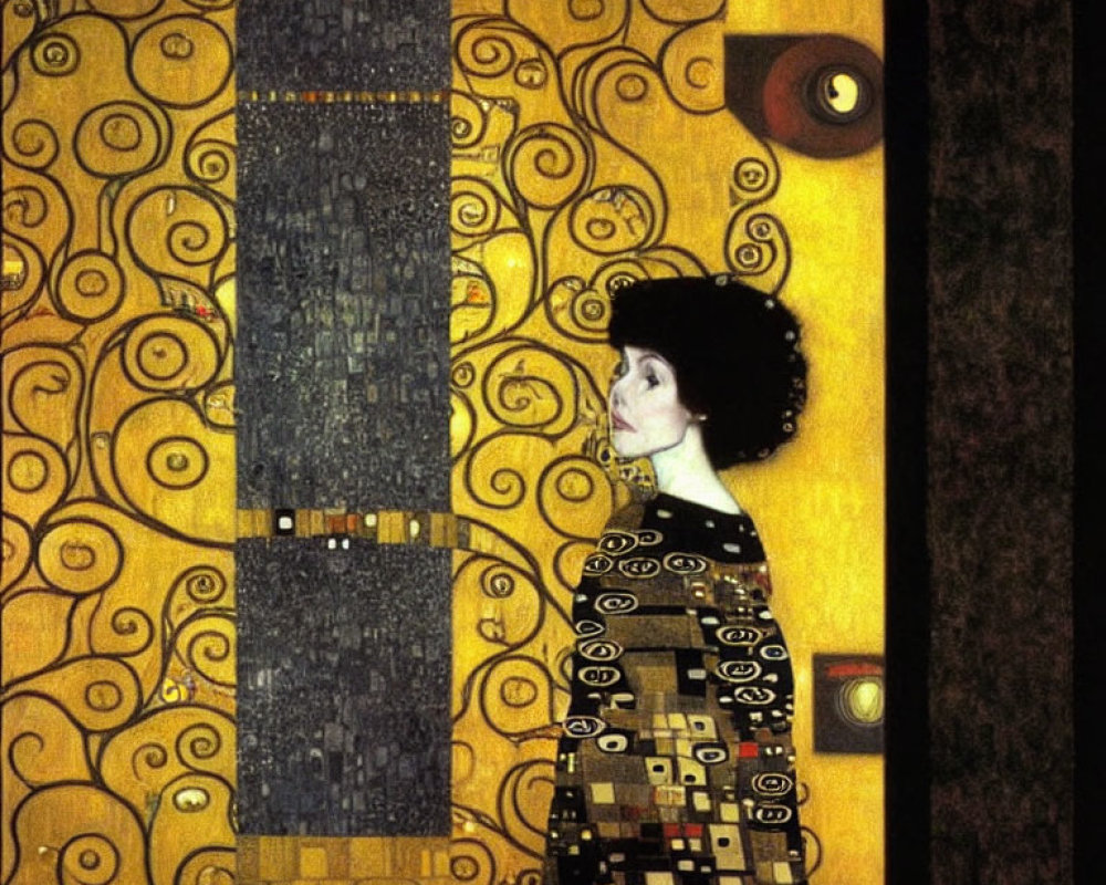 Woman in patterned dress with swirling golden background reminiscent of early 20th-century modern art