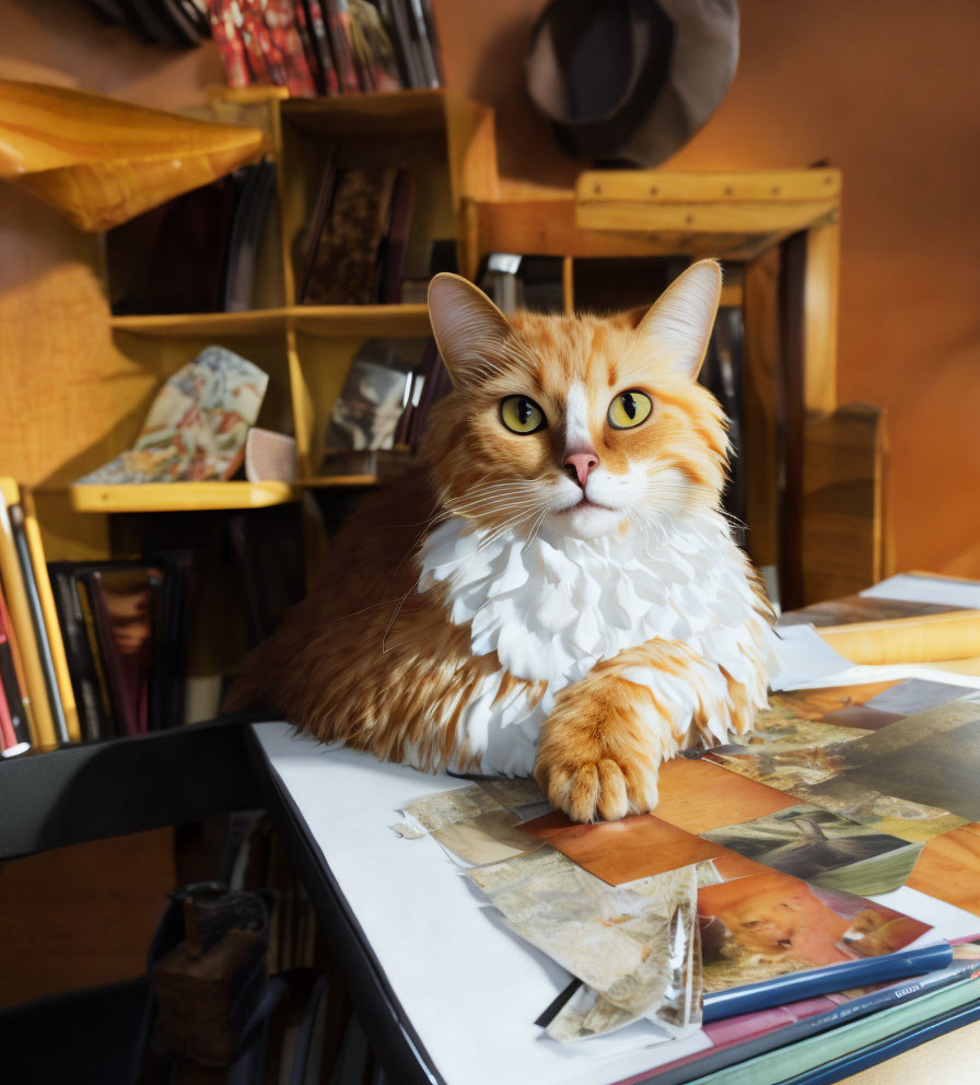 Orange Cat with White Ruff on Table with Books and Vintage Hat