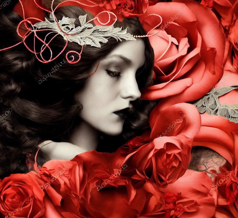Surreal portrait of woman with pale skin and dark hair amid vivid red roses