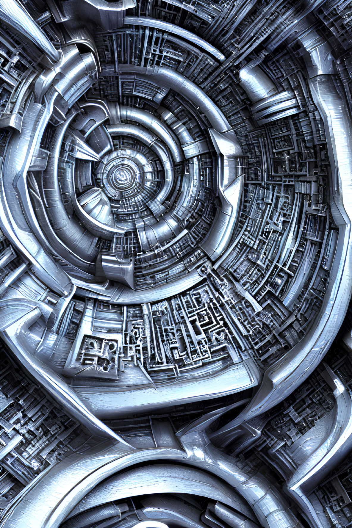 Intricate metallic fractal image with circular sci-fi pattern
