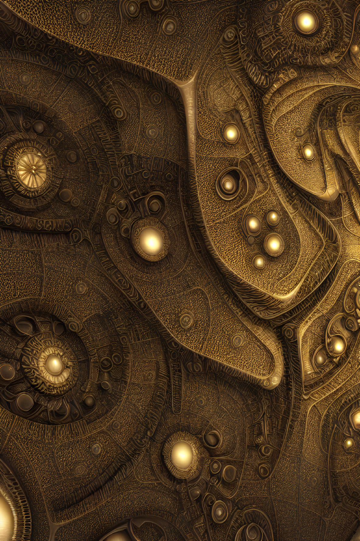 Detailed Golden Fractal Texture with Glowing Orbs and Intricate Patterns