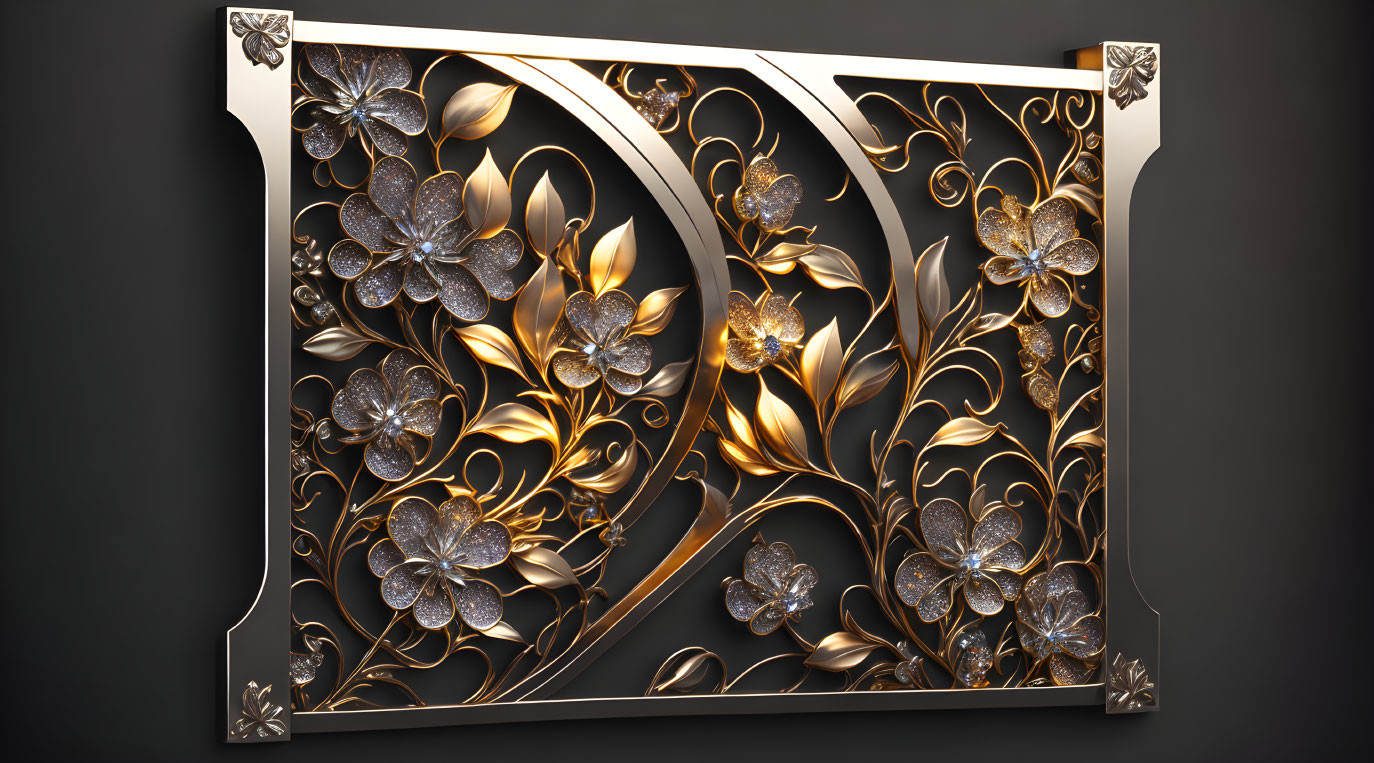 Golden floral panel with embedded jewels on dark background and silver corners.