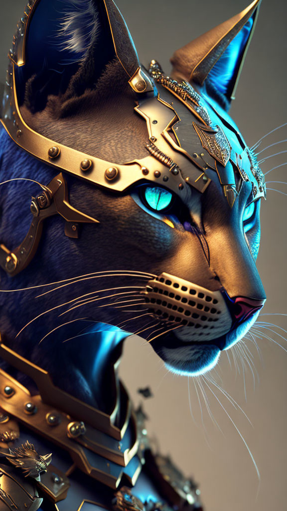 Blue Fur Cat in Gold and Silver Armor with Detailed Helmet